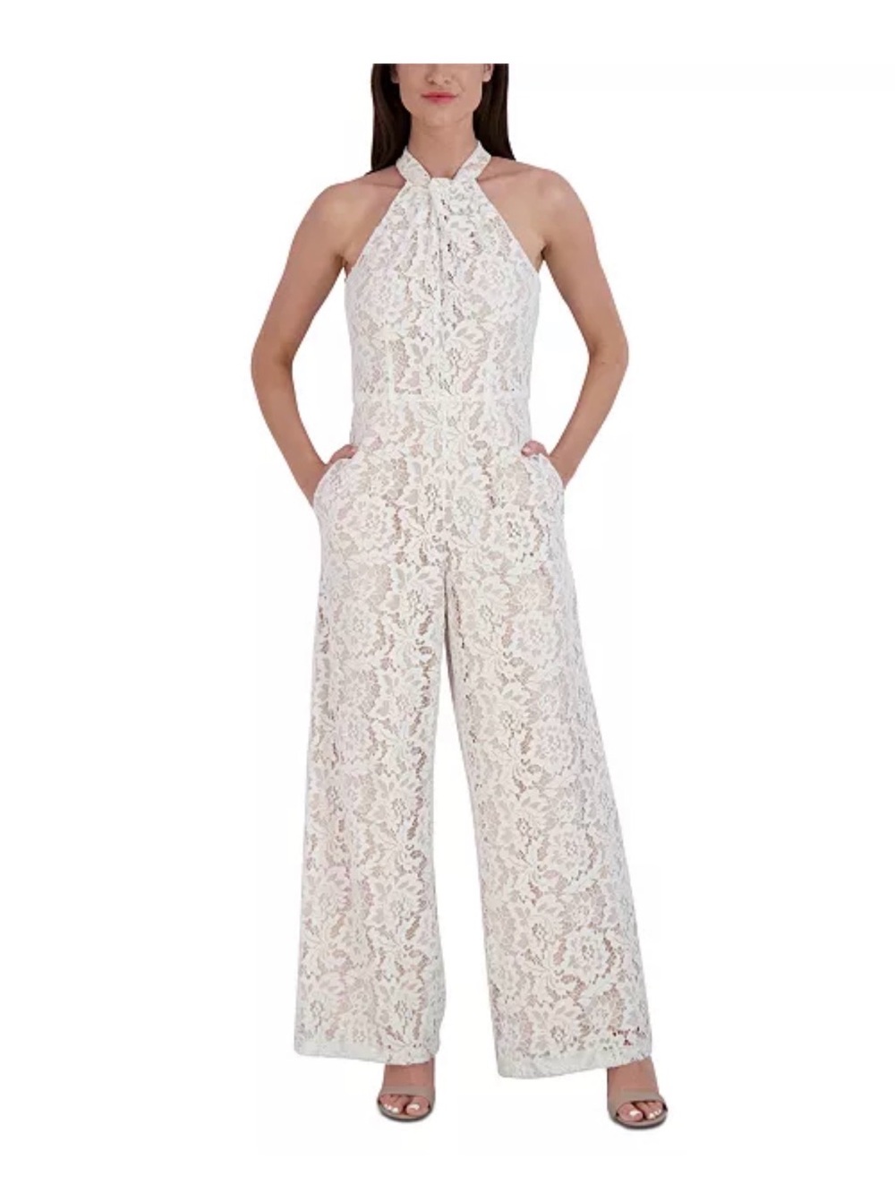 Julia Jordan High Neck Twist Front Halter Neck Lace Jumpsuit White/Nude Size 6